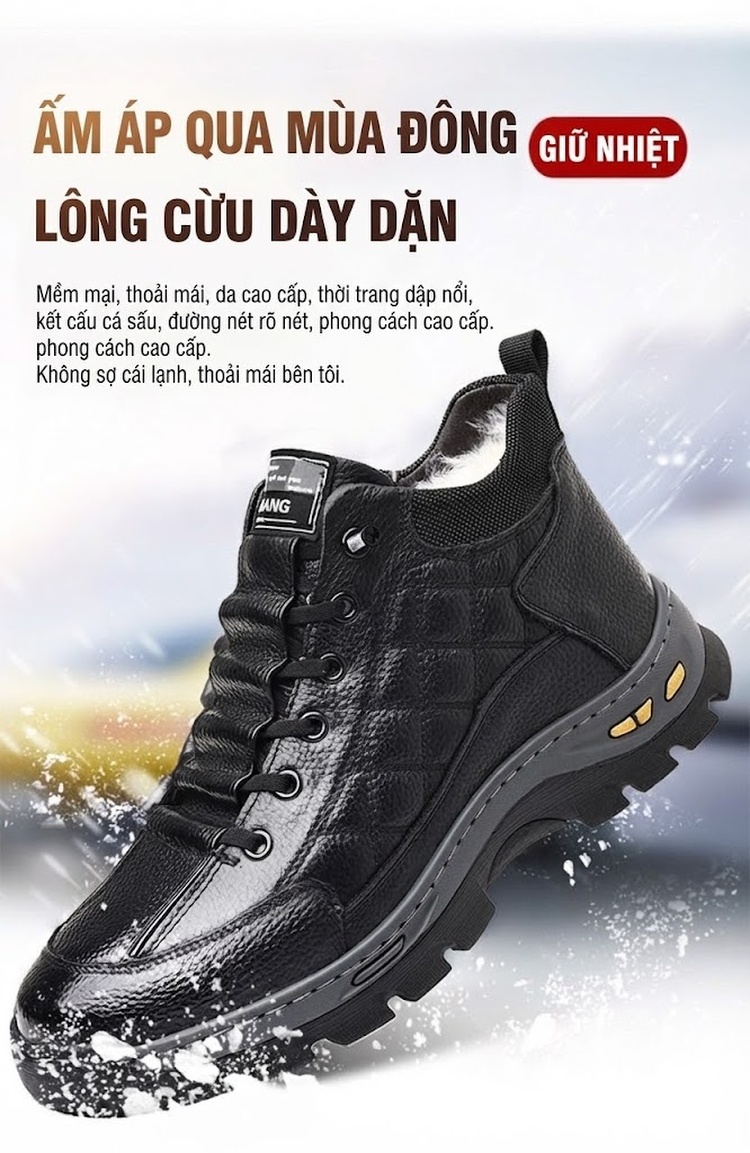 Giày Boot Nam Da Bóng Cao Cổ Lót Lông Chiều Cao Đế Khoảng 4cm Màu Đen chi tiết 1