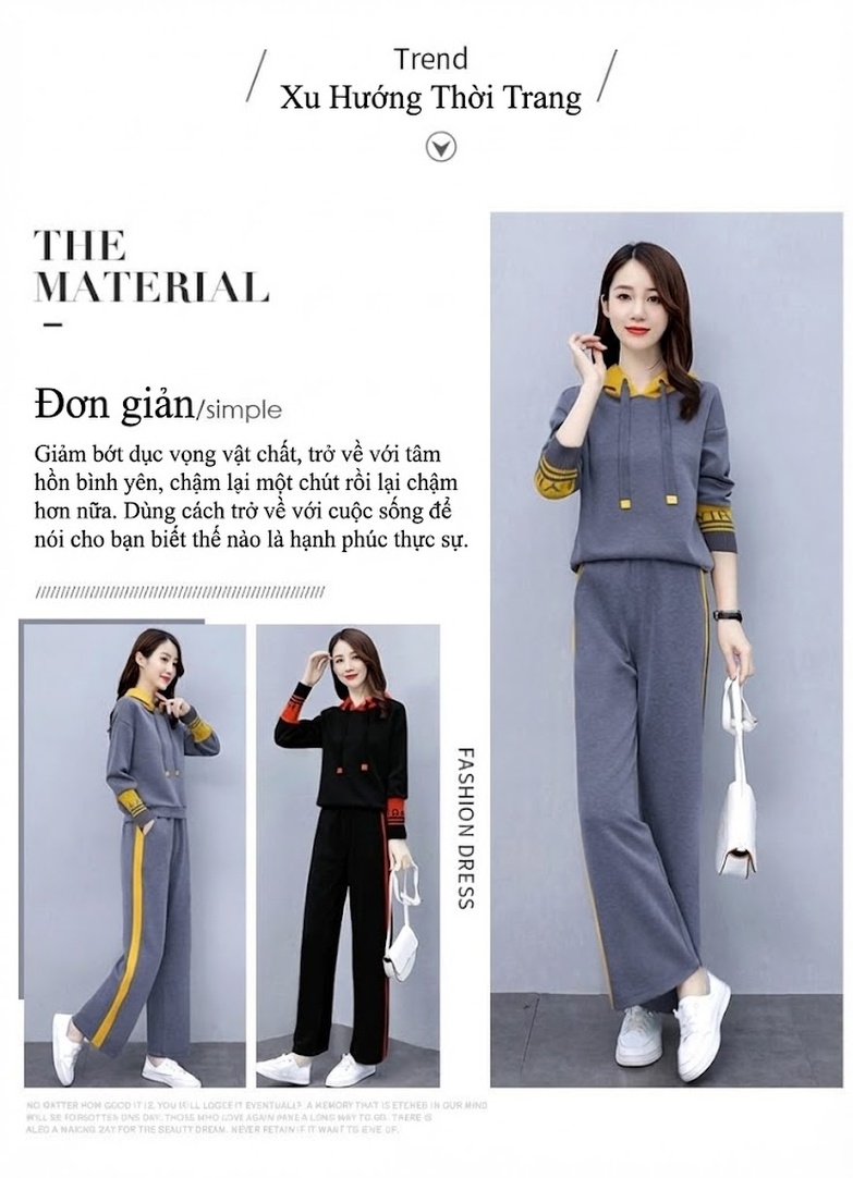 Bộ đồ thể thao nữ dệt kim áo hoodie quần ống rộng phong cách thời trang chi tiết 3