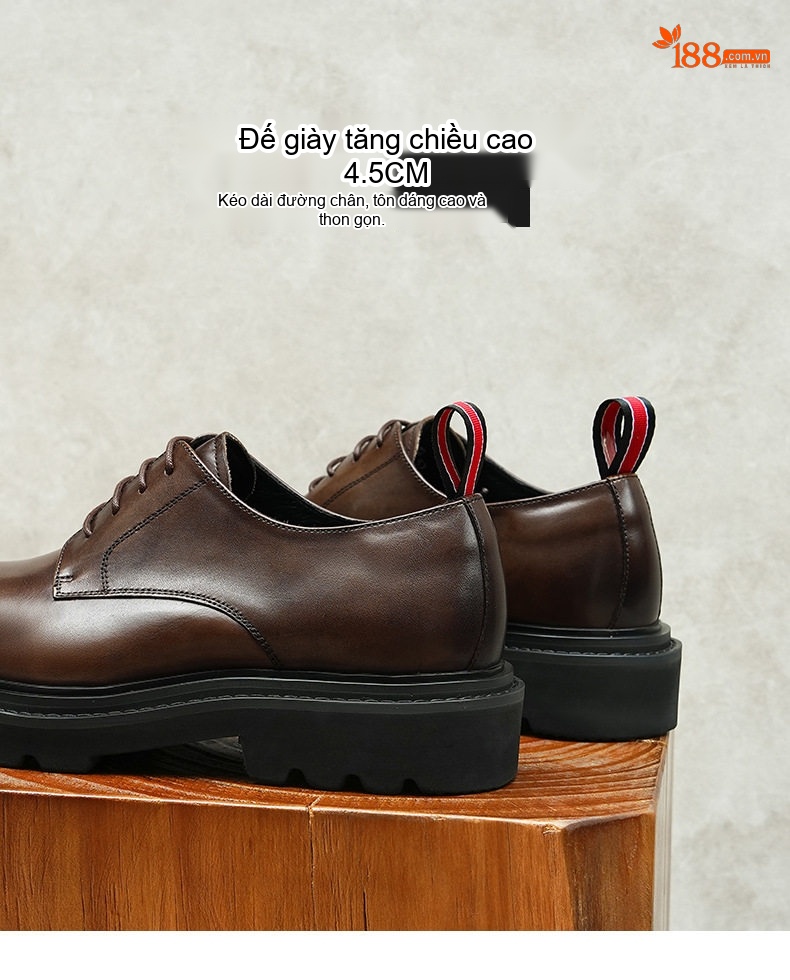 Giày Tây Buộc Dây Nam Da Thật Chiều Cao Đế Khoảng 4cm Phong Cách Anh Quốc Màu Đen, Nâu chi tiết 6