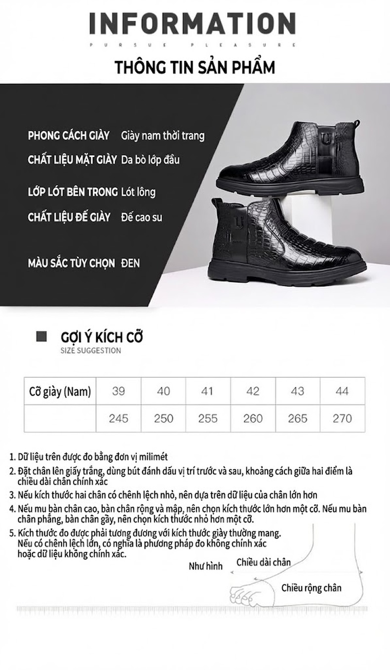 Boot Nam Da Thật Vân Cá Sấu Lót Lông Chiều Cao Đế Khoảng 3cm Màu Đen chi tiết 9