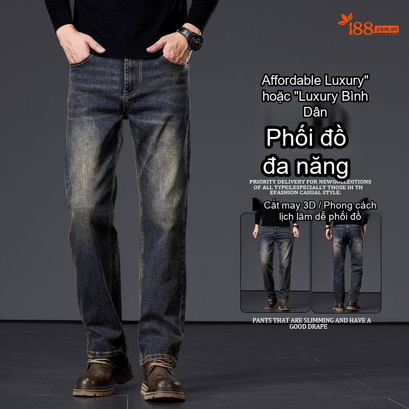 Quần Jean Nam Ống Suông Rộng Co Giãn Phong Cách Retro Màu Xanh Denim