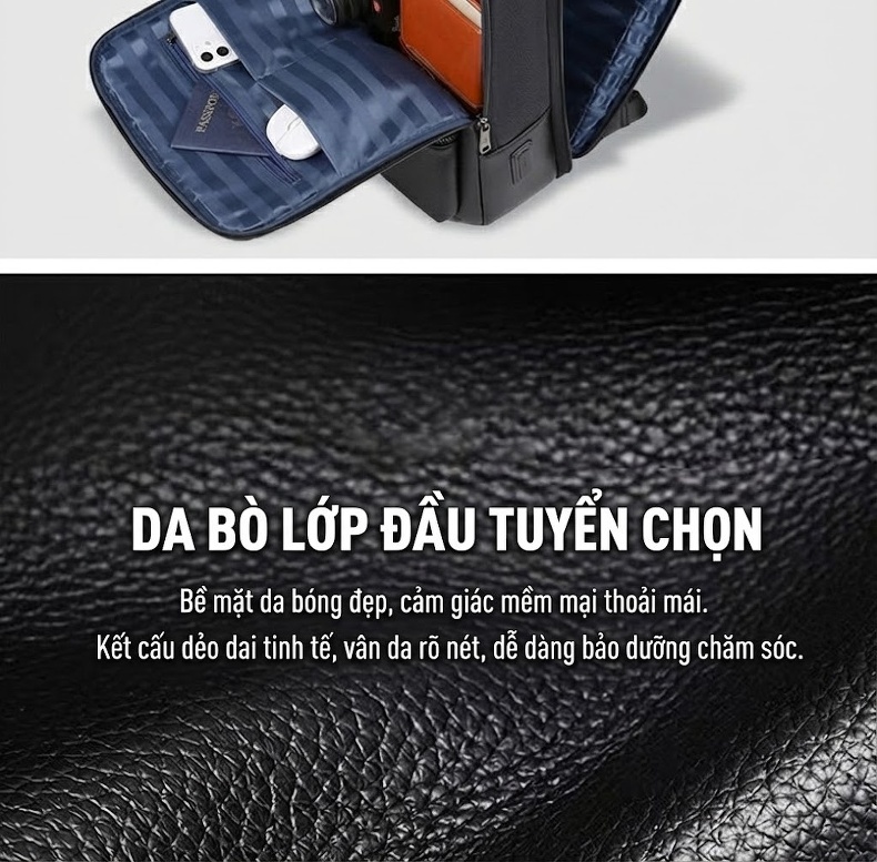 Balo Da Thật Nam Đa Năng USB Công Sở Thời Trang Dung Tích Lớn Màu Đen chi tiết 11