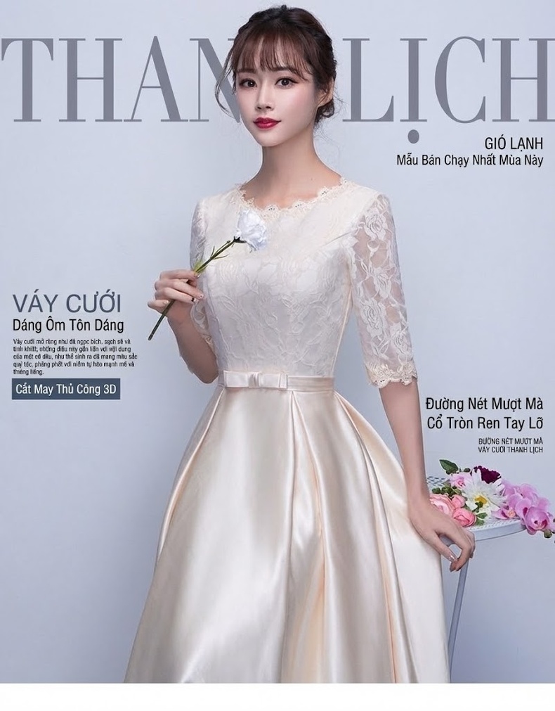 Váy Dạ Hội Tay Dài Màu Champagne Dáng Dài Dự Tiệc, Biểu Diễn chi tiết 1