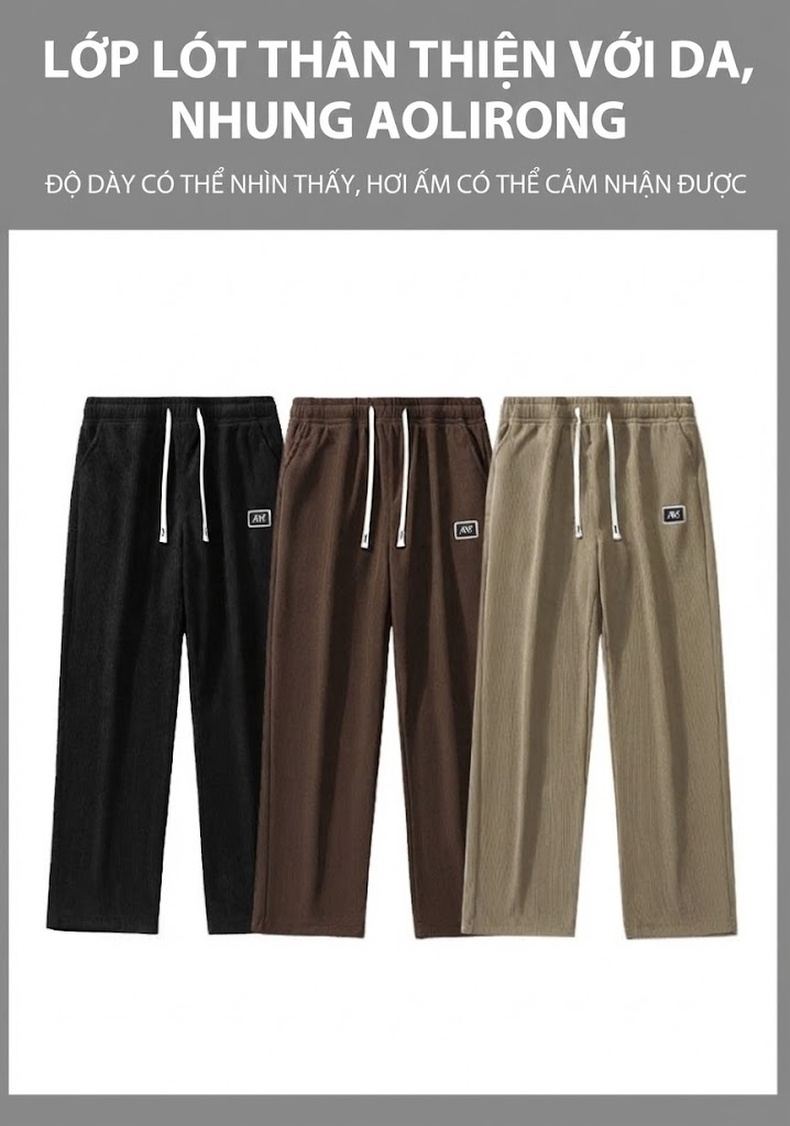 Quần Dài Nam Ống Rộng Lót Lông Cừu Giữ Ấm Chất Âu Cotton Co Giãn Màu Đen, Nâu, Be chi tiết 2