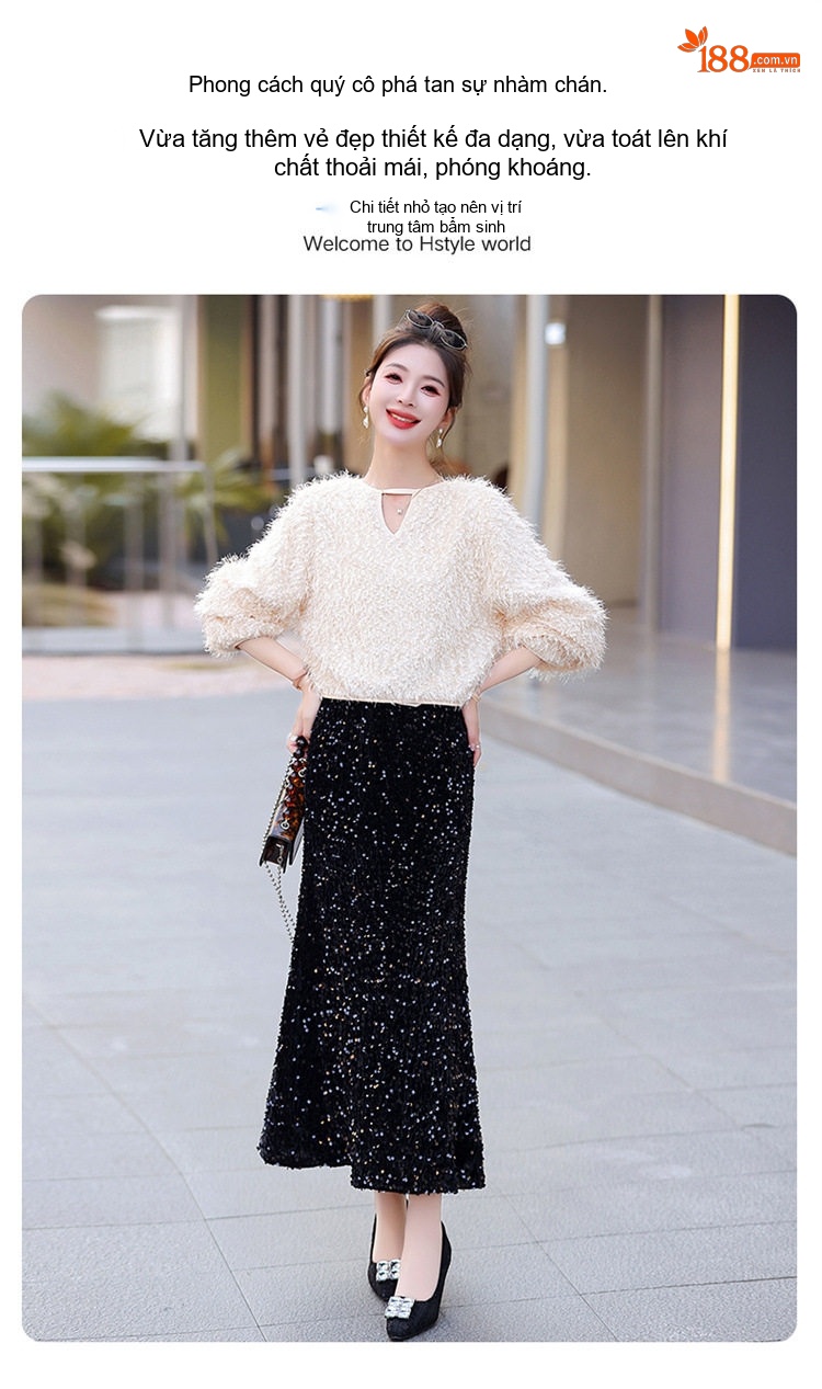 Set Áo Lông Dài Tay và Chân Váy Midi Lấp Lánh Phong Cách Tiểu Thư Màu Trắng, Đen chi tiết 3