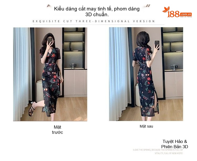 Váy Midi Nữ Tay Ngắn Thắt Eo Dáng Ôm Vải Voan Mỏng Nhẹ Họa Tiết Hoa Lá Màu Đen, Trắng, Tím... chi tiết 4
