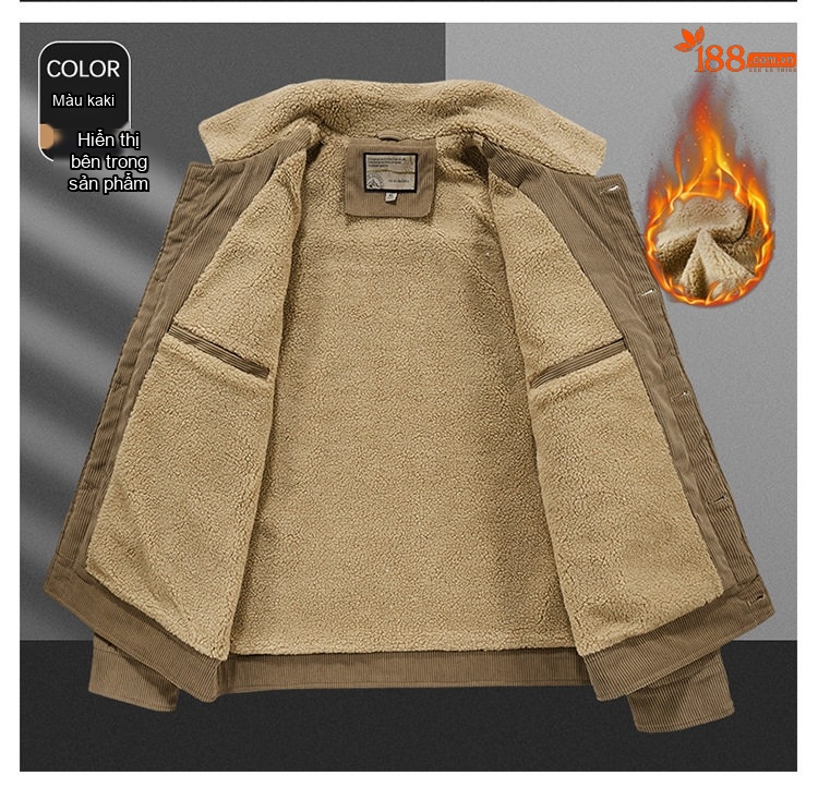 Áo Khoác Cotton Lông Cừu Nam Dáng Rộng Có Cổ Màu Nâu, Xanh Rêu, Đen chi tiết 12