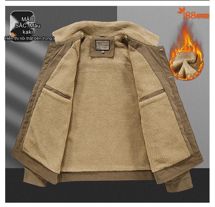 Áo Khoác Nam Cotton Lót Lông Cừu Non Cổ Lông Rộng Dáng Rộng Màu Đen, Nâu, Xanh... chi tiết 13