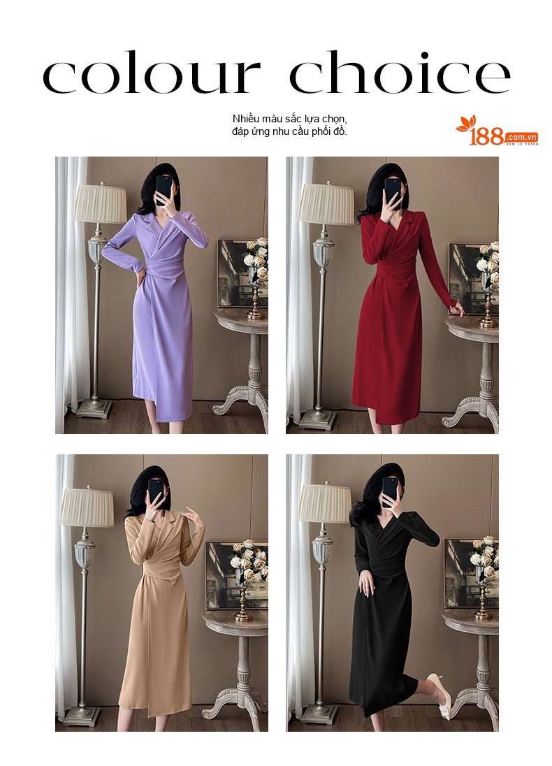 Váy Dài Tay Dáng Vest Cổ chữ V Chít Eo Phong Cách Quý Cô Màu Be, Đen, Đỏ, Tím chi tiết 7