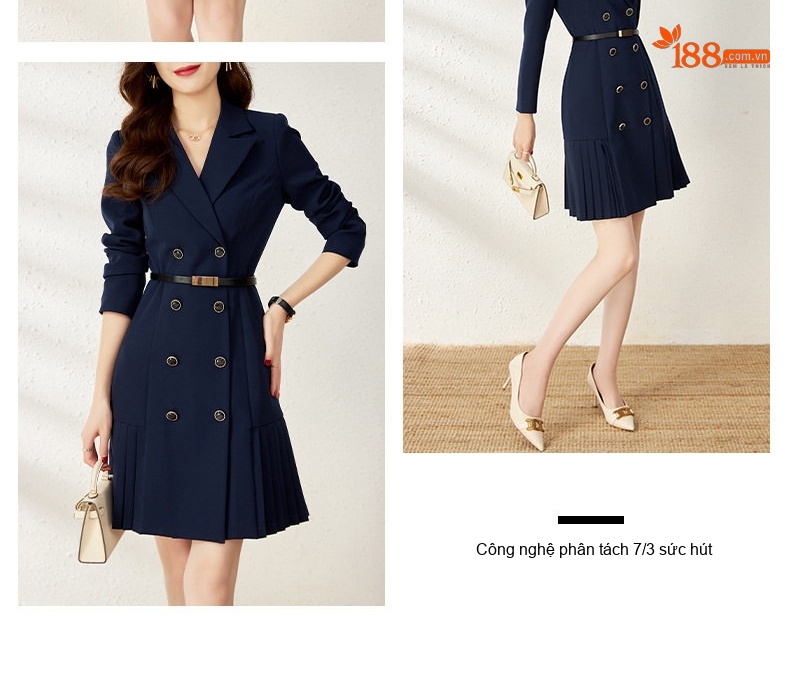 Váy Vest Nữ Công Sở Chiết Eo Dáng Ôm Xòe Nhẹ Màu Xanh Navy, Hồng chi tiết 13