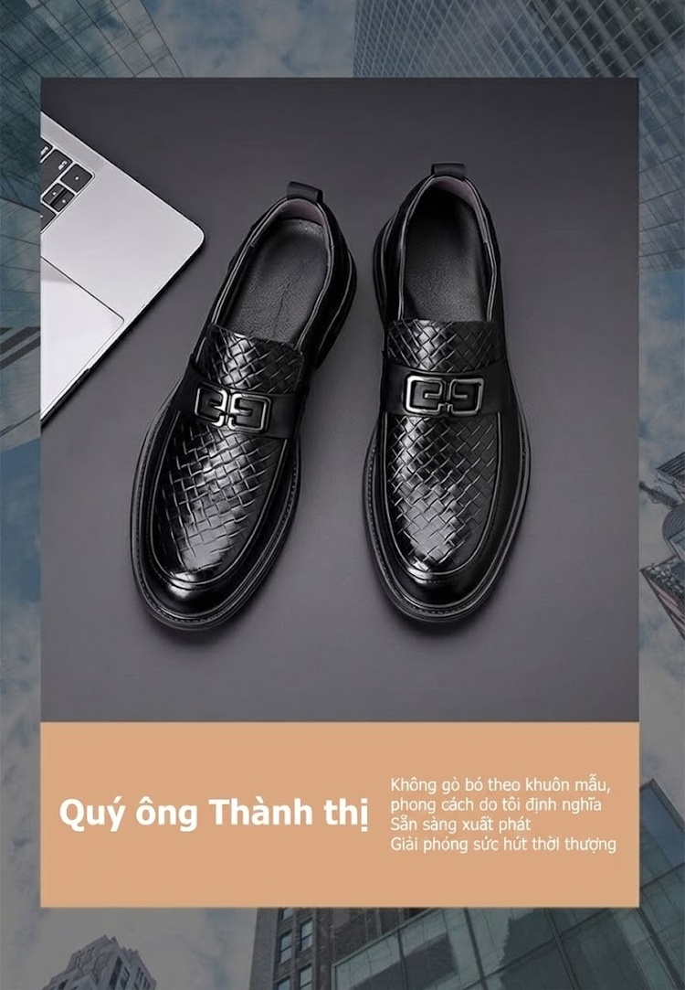 Giày Lười Nam Da Thật Chiều Cao Đế Khoảng 3cm Màu Đen chi tiết 1