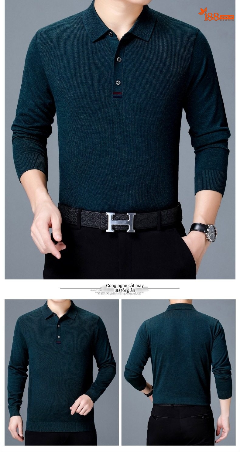 Áo Thun Polo Nam Dài Tay Dệt Kim Cashmere Phong Cách Doanh Nhân Màu Đỏ Rượu, Xám, Xanh Dương, Xanh Lá... chi tiết 7