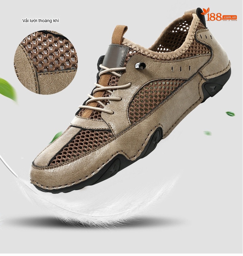 Giày Thể Thao/Sneaker Nam Da Bò Lưới Thoáng Khí Chiều Cao Đế Khoảng 3cm Màu Nâu, Xám, Đen chi tiết 8