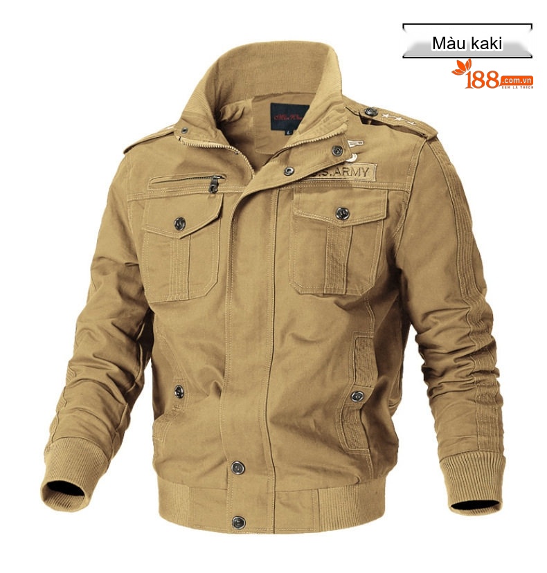 Áo Khoác Bomber Nam Cotton Giặt Nước Phong Cách Quân Đội Cổ Điển Màu Nâu, Xanh Rêu, Đen chi tiết 9