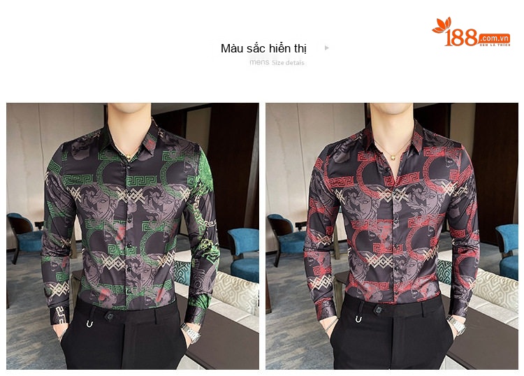 Áo Sơ Mi Nam Tay Dài Họa Tiết Hoa Văn Phong Cách Retro Màu Đen, Đỏ, Xám, Xanh Lá chi tiết 2