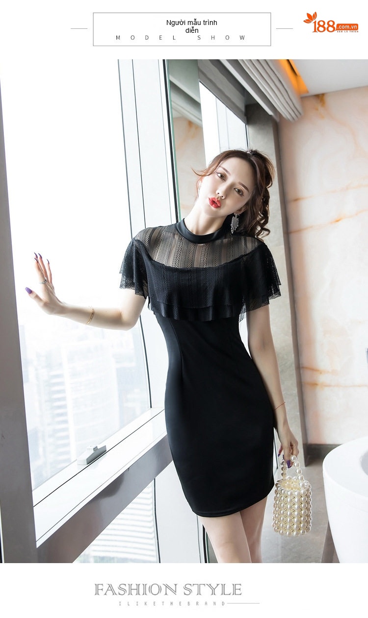 Váy Ôm Body Nữ Lưới Mỏng Tay Ngắn Phong Cách Quyến Rũ Màu Đen chi tiết 6