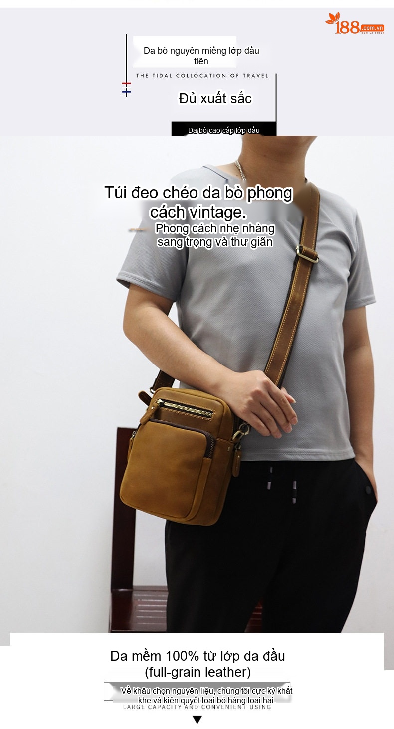 Túi Đeo Chéo Nam Da Bò Dáng Đứng Nhỏ Gọn Màu Nâu Đậm, Nâu Vàng chi tiết 3