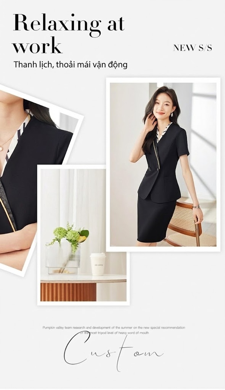 Bộ Vest Nữ Tay Ngắn Mỏng Mùa Hè Phong Cách Công Sở Thanh Lịch Màu Đen, Xanh Than chi tiết 4