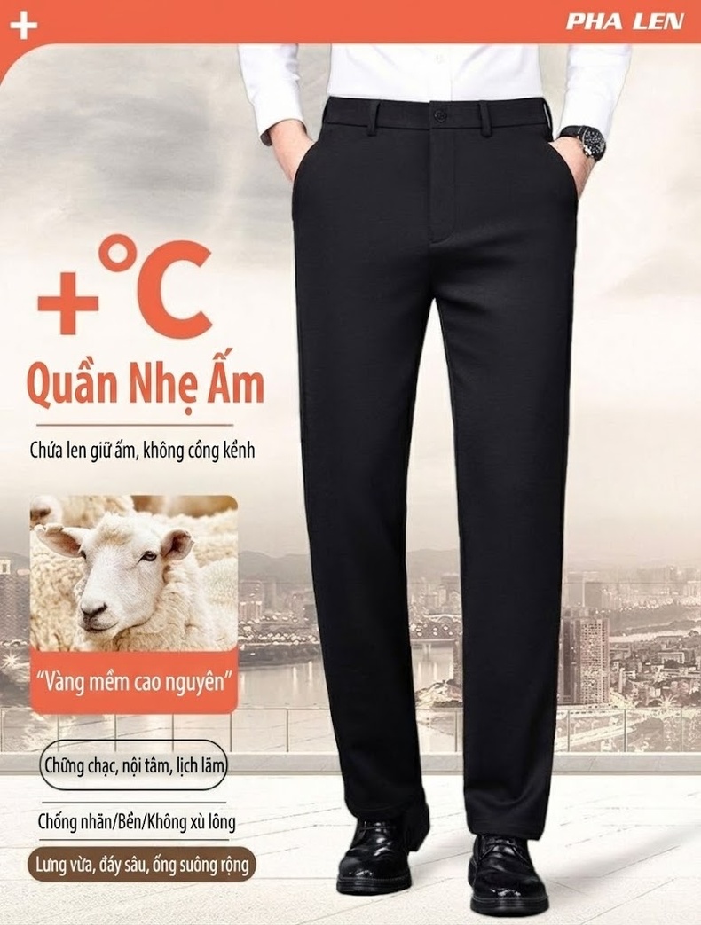 Quần Tây Nam Ống Đứng Dáng Ôm Vải Lông Cừu Dày Dặn Chống Nhăn Màu Đen chi tiết 1