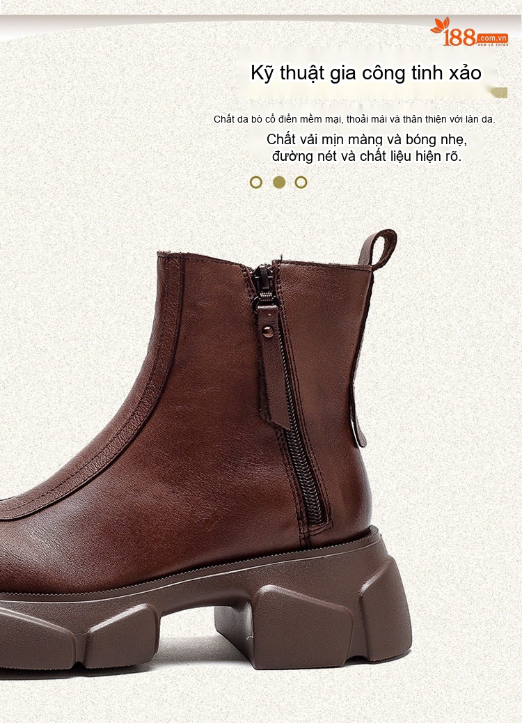 Boot Nữ Da Bò Khóa Kéo Bên Hông Phong Cách Retro Chiều Cao Đế Khoảng 6cm Màu Đen, Nâu chi tiết 3