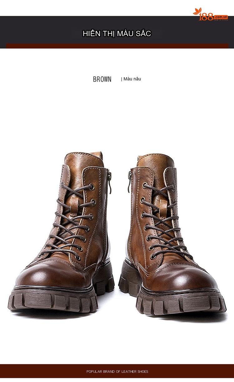 Giày Boot Martin Nam Da Thật Cổ Cao Đế Dày Phong Cách Retro Chiều Cao Đế Khoảng 5cm Màu Nâu, Đen chi tiết 12