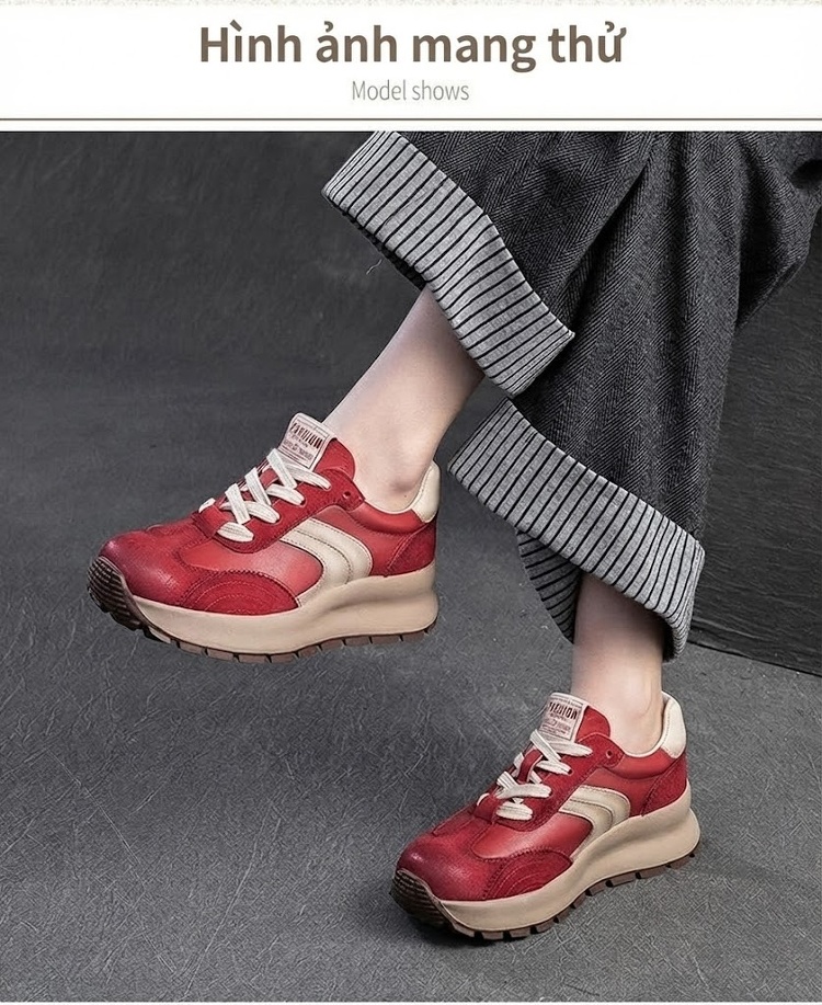 Giày Sneaker Nữ Đế Dày Phối Màu Thời Trang Chiều Cao Đế Khoảng 5cm Màu Đỏ, Kem chi tiết 8