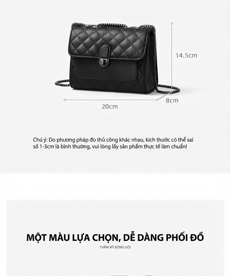 Túi Đeo Chéo Nữ Da Trơn Họa Tiết Trám Dây Xích Phong Cách Thanh Lịch Màu Đen chi tiết 8