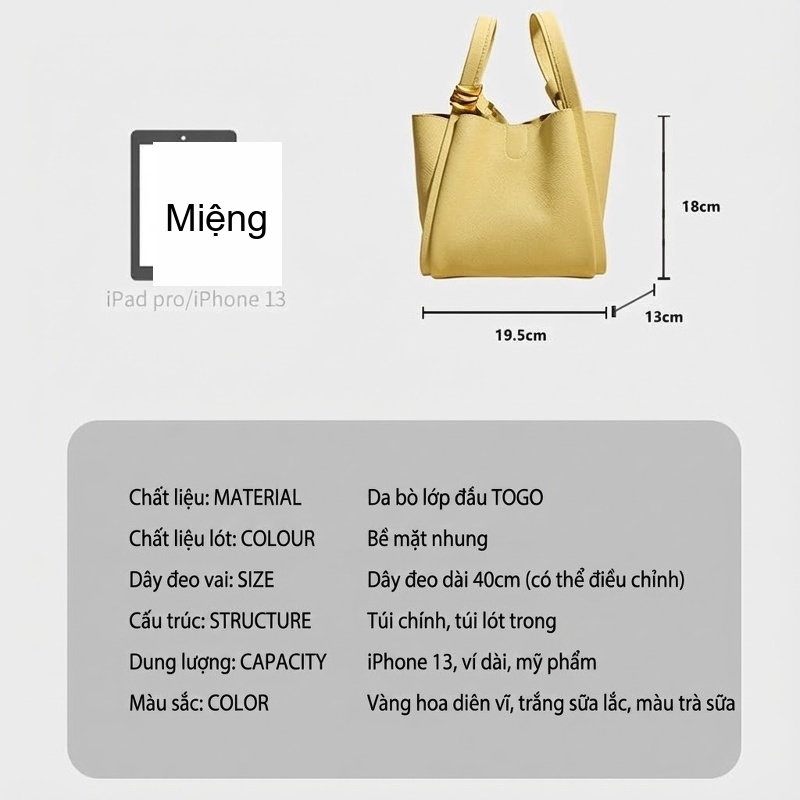 Túi Đeo Vai Nữ Da Thật Mềm Mại Kiểu Túi Làn Đi Chợ Màu Vàng, Kem, Xám chi tiết 21