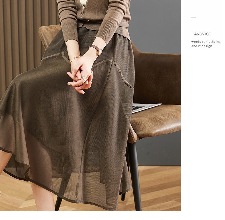 Váy Bộ Dệt Kim Nữ Thu Đông Áo Cardigan Quần Áo Nhỏ Chân Váy Lưới Màu Be, Nâu chi tiết 24