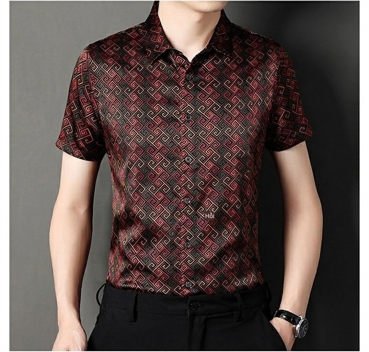 Áo Sơ Mi Nam Tay Ngắn Lụa Tằm Cao Cấp Họa Tiết In Nổi Chống Nhăn Màu Đỏ Đen chi tiết 8