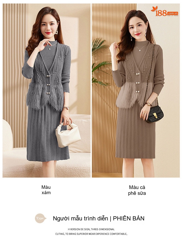 Set Áo Gile Lông Cừu Non Cổ chữ V Đính Cúc và Đầm Dệt Kim Liền Thân Nữ Màu Be, Xám, Nâu, Đỏ... chi tiết 6