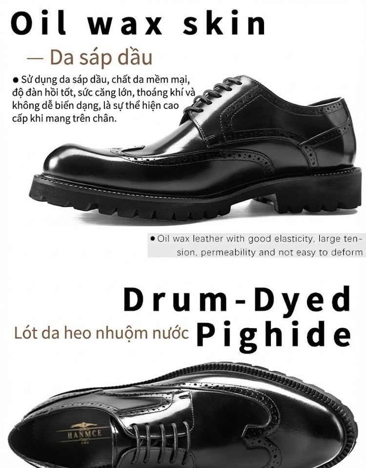 Giày Tây Nam Da Bóng Brogue Chiều Cao Đế Khoảng 4cm Màu Đen chi tiết 4