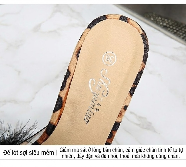 Dép Cao Gót Nữ Quai Ngang Mũi Vuông Đính Lông Chiều Cao Đế Khoảng 7cm Màu Đen, Hồng, Đỏ... chi tiết 4