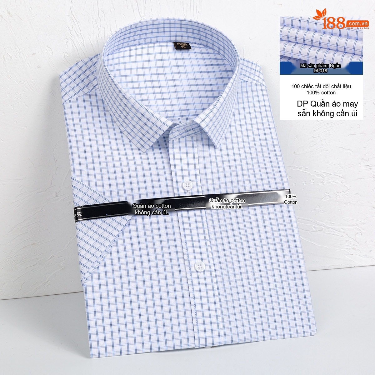 Áo Sơ Mi Nam Tay Ngắn Cotton Dáng Ôm Chống Nhăn Màu Xanh, Trắng chi tiết 13