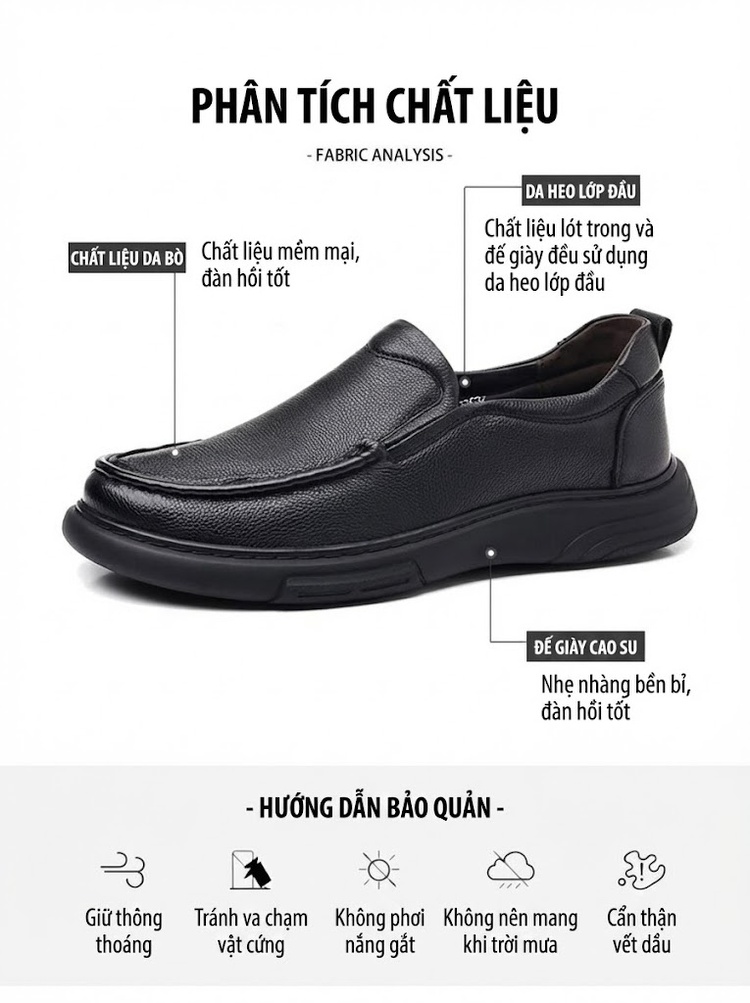 Giày Lười Nam Da Bò Đầu Tròn Chống Trượt Chiều Cao Đế Khoảng 3cm Màu Đen chi tiết 6