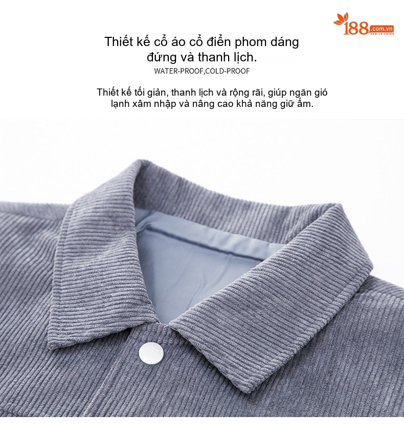 Áo Khoác Nhung Tăm Nam Cổ Bẻ Dáng Bomber Lót Lông Màu Đen, Xanh Rêu, Xám, Nâu chi tiết 5