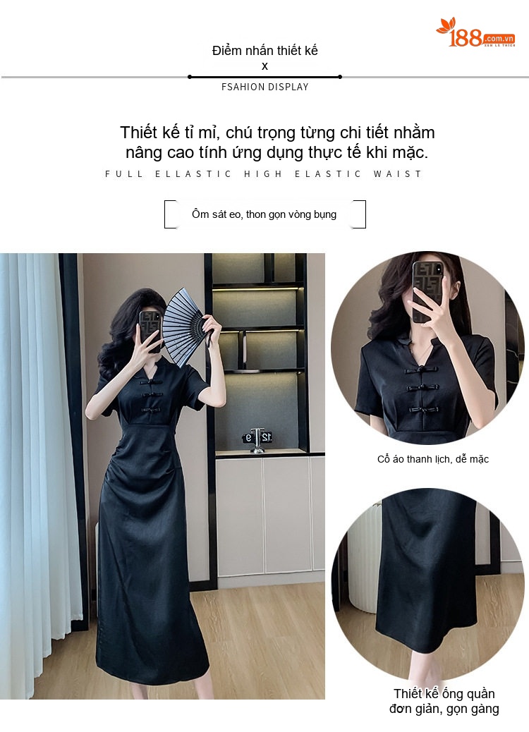 Váy Đầm Nữ Dáng Ôm Chiết Eo Phong Cách Trung Hoa Cổ Điển Màu Đen chi tiết 2