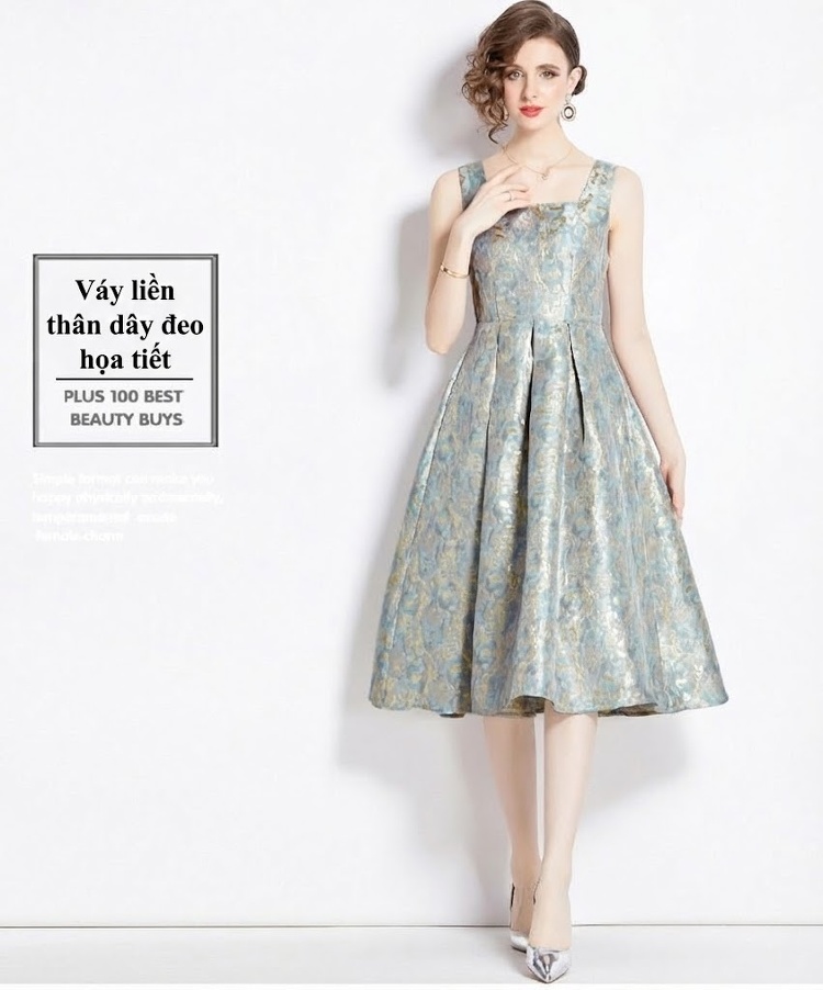 Váy Dạ Hội Dáng Dài Phong Cách Hepburn Cổ Điển, Thiết Kế Hai Dây Màu Xanh Lam chi tiết 1
