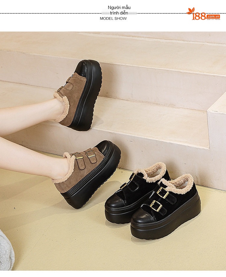 Giày Búp Bê Nữ Da Mờ Quai Dán Chiều Cao Đế 8cm Lót Lông Màu Đen, Nâu chi tiết 15