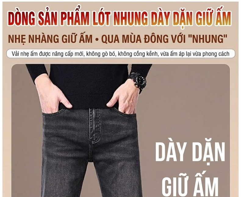 Quần Jean Nam Ống Đứng Co Giãn Lót Lông Cừu Dày Dặn Cao Cấp Màu Xám Đen chi tiết 1