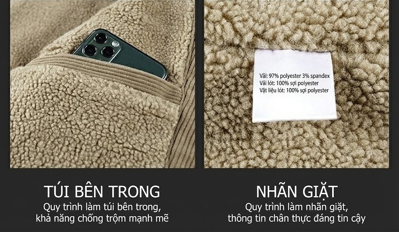 Áo Khoác Nam Vải Đũi Lót Lông Cừu Non Dày Dặn Phong Cách Hard Man Màu Xám, Nâu, Be chi tiết 22
