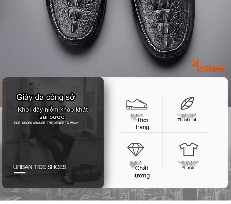 Giày Lười Nam Da Bò Vân Cá Sấu Chiều Cao Đế Khoảng 2cm Màu Đen chi tiết 2