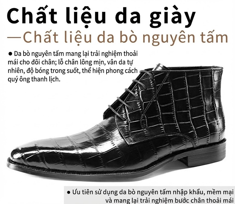 Giày Martin Nam Da Bò Cao Cổ Có Dây Chiều Cao Đế Khoảng 3cm Màu Đen, Nâu chi tiết 4