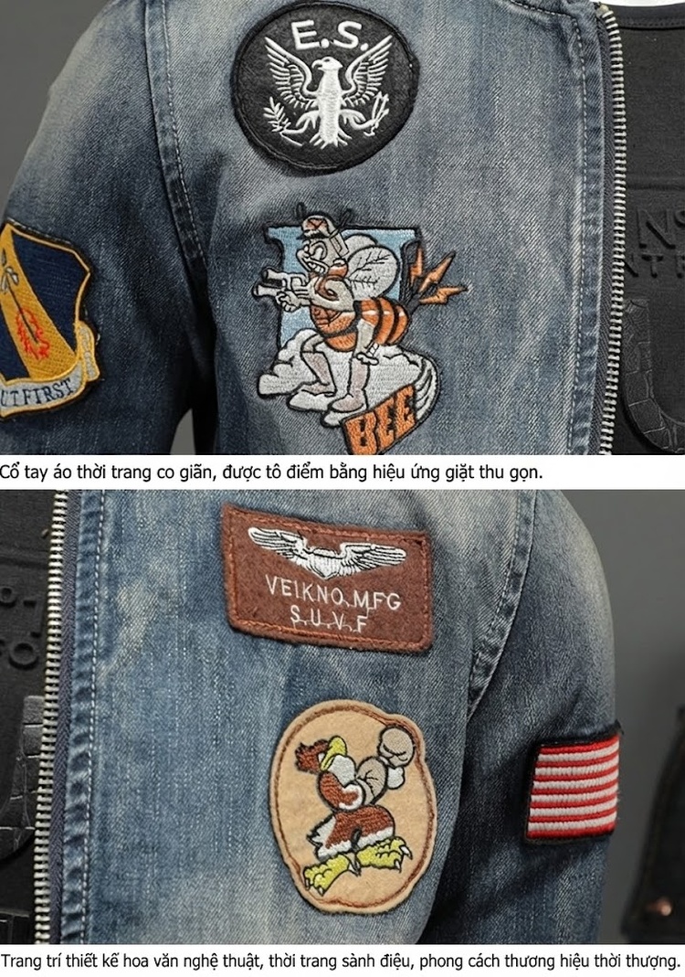 Áo Khoác Bomber Nam Denim Kiểu Dáng Ôm Vừa Thêu Huy Hiệu Màu Xanh Denim chi tiết 4