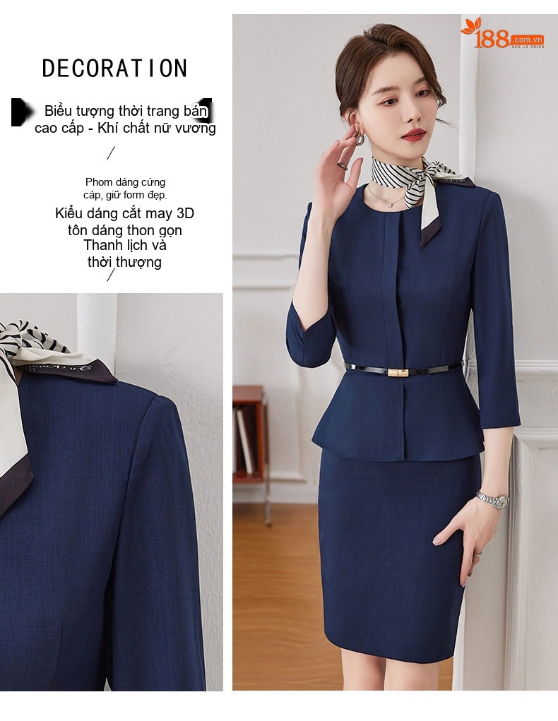 Bộ Vest Công Sở Nữ Quần/Chân Váy Thanh Lịch Màu Đen, Xanh Navy, Xanh Mint chi tiết 10