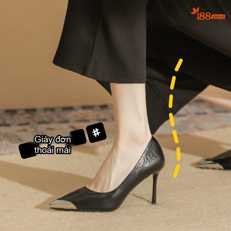 Giày Cao Gót Mũi Nhọn Nữ Da Cừu Chiều Cao Đế Khoảng 7cm Màu Đen, Nâu