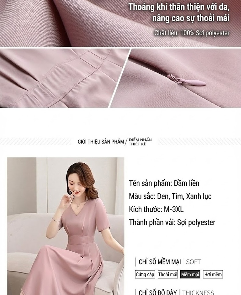 Váy Xòe Chữ A Cổ chữ V Tay Ngắn Thanh Lịch Màu Đen, Hồng, Xanh Mint chi tiết 8