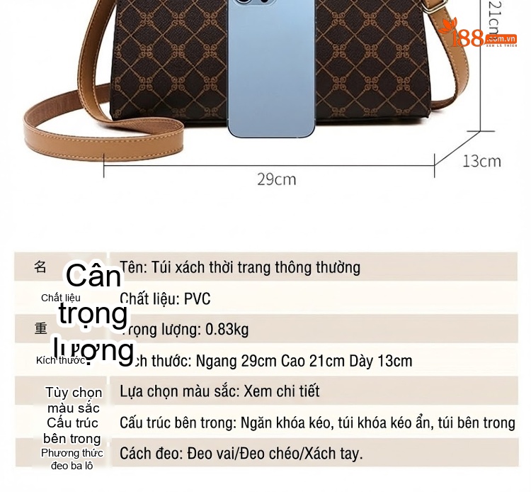 Túi Xách Tay Nữ Da In Họa Tiết Công Sở, Túi Tote Đựng Vừa A4, Túi Đeo Vai, Đeo Chéo Màu Nâu chi tiết 1