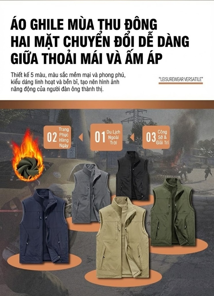 Áo Gile Nam Hai Mặt Mặc Lót Lông Cừu Non Nhiều Túi Phong Cách Thể Thao Thu Đông Màu Xanh Rêu, Nâu Be, Xám, Đen... chi tiết 2