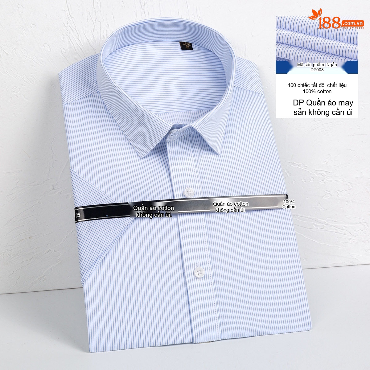 Áo Sơ Mi Nam Tay Ngắn Cotton Dáng Ôm Chống Nhăn Màu Xanh, Trắng